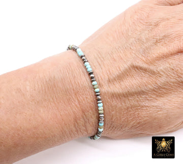 Blue Turquoise Beaded Gemstone Bracelet, 925 Sterling Silver Turquoise Beaded Bracelet, Navajo Pearl Oxidized Handmade Dainty Bracelet